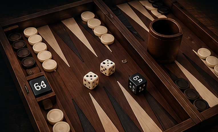 Backgammon board with checkers and dice